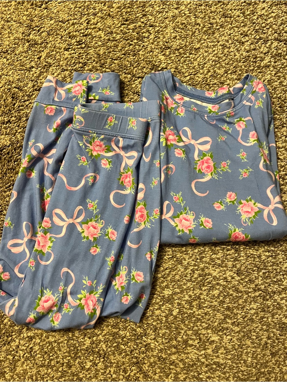 Girls Floral Bow Print Pajama Set in Dusty Blue- Bamboo